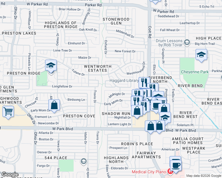 map of restaurants, bars, coffee shops, grocery stores, and more near 4220 Castlemaine Lane in Plano