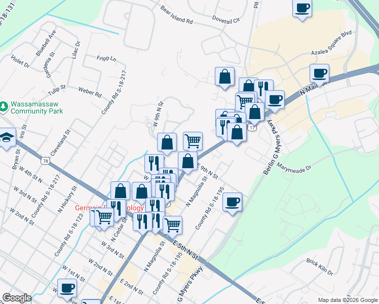 map of restaurants, bars, coffee shops, grocery stores, and more near 1000 North Main Street in Summerville