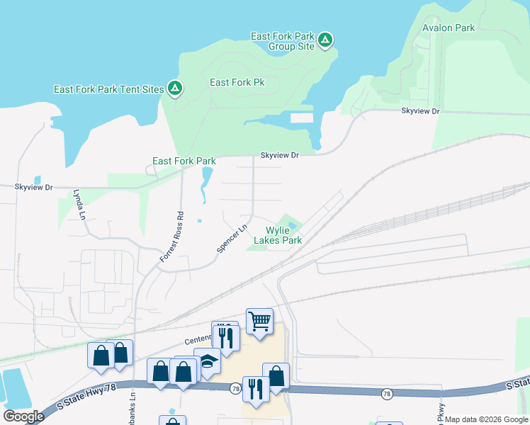 map of restaurants, bars, coffee shops, grocery stores, and more near 2020 Megan Court in Wylie