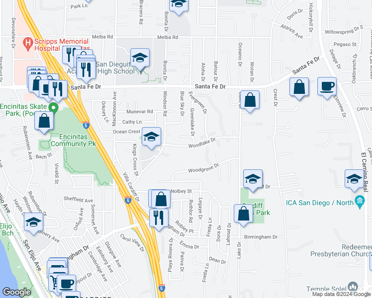 map of restaurants, bars, coffee shops, grocery stores, and more near 953 Woodlake Drive in Encinitas
