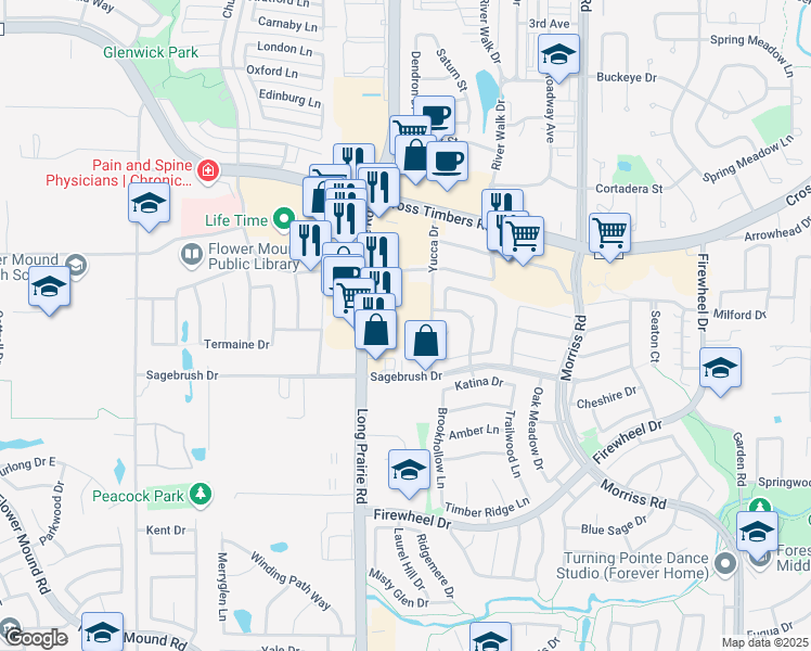 map of restaurants, bars, coffee shops, grocery stores, and more near 3360 Long Prairie Road in Flower Mound
