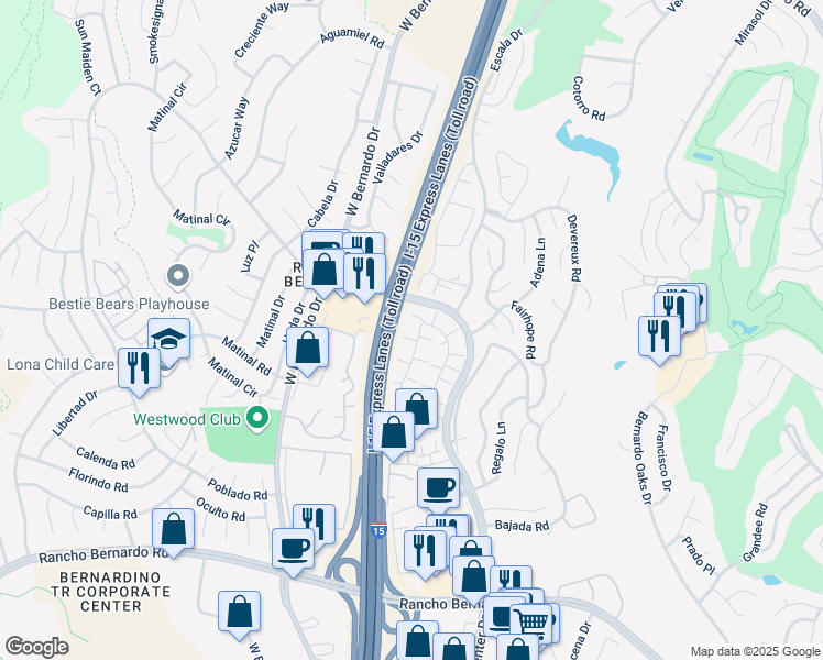 map of restaurants, bars, coffee shops, grocery stores, and more near 17513 Ashburton Road in San Diego