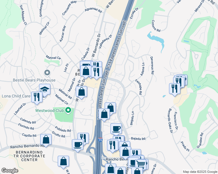 map of restaurants, bars, coffee shops, grocery stores, and more near 17544 Ashburton Road in San Diego