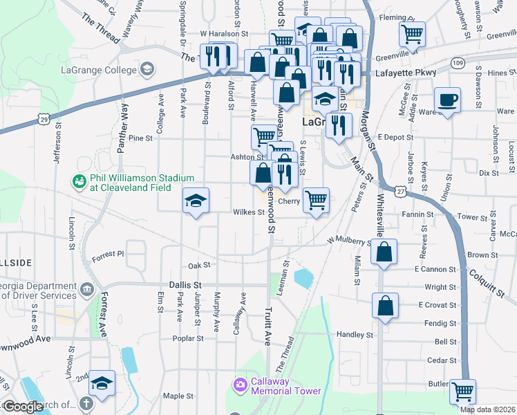 map of restaurants, bars, coffee shops, grocery stores, and more near 601 Harwell Avenue in LaGrange