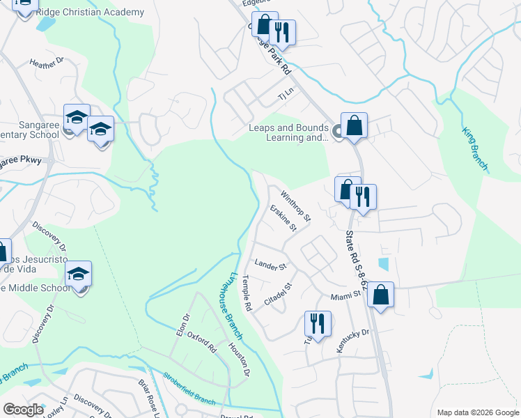 map of restaurants, bars, coffee shops, grocery stores, and more near 717B Temple Road in Ladson