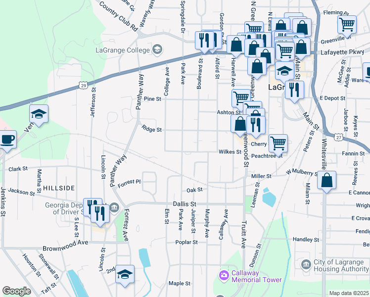 map of restaurants, bars, coffee shops, grocery stores, and more near 515 Park Avenue in LaGrange