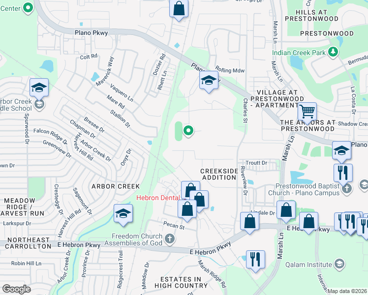 map of restaurants, bars, coffee shops, grocery stores, and more near 2521 Green Oak Drive in Carrollton