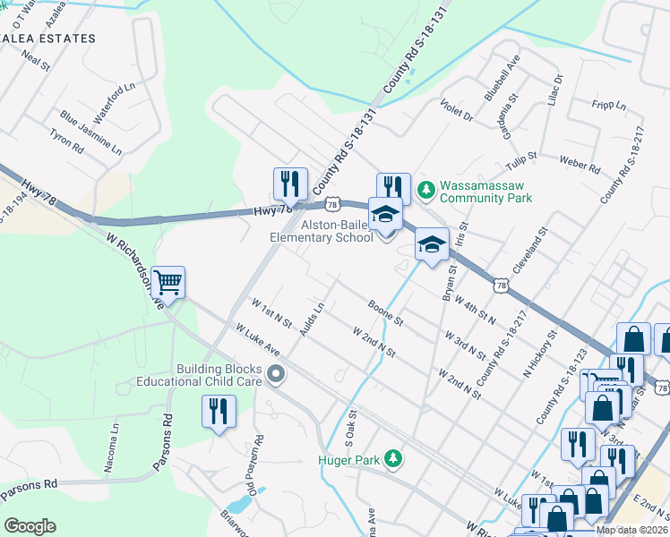 map of restaurants, bars, coffee shops, grocery stores, and more near 318 Aulds Lane in Summerville
