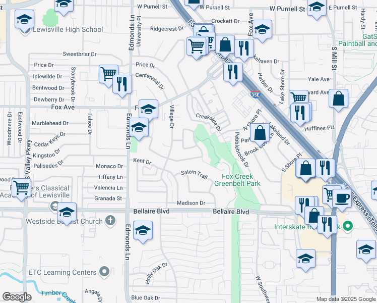 map of restaurants, bars, coffee shops, grocery stores, and more near 224 Wildfire Drive in Lewisville