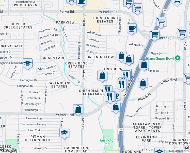 map of restaurants, bars, coffee shops, grocery stores, and more near 920 Raywood Circle in Plano
