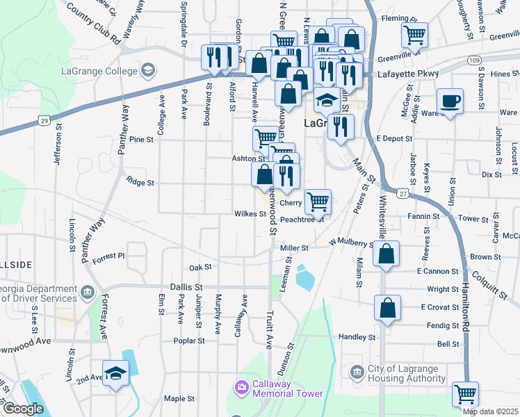 map of restaurants, bars, coffee shops, grocery stores, and more near 513 Harwell Avenue in LaGrange