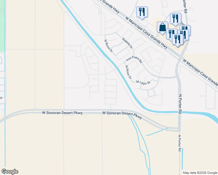 map of restaurants, bars, coffee shops, grocery stores, and more near 42326 West Farrell Road in Maricopa