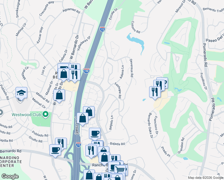 map of restaurants, bars, coffee shops, grocery stores, and more near 17480 Fairhope Court in San Diego