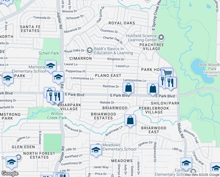map of restaurants, bars, coffee shops, grocery stores, and more near 2901 East Park Boulevard in Plano