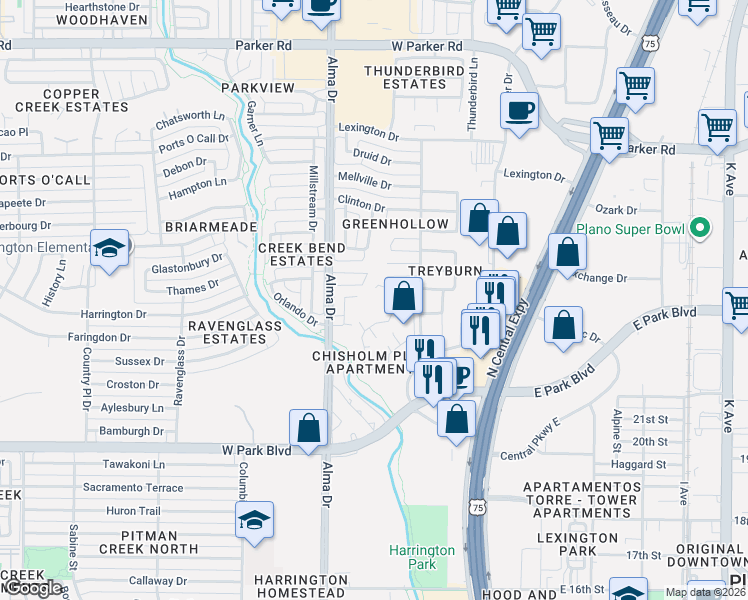 map of restaurants, bars, coffee shops, grocery stores, and more near 920 Raywood Circle in Plano