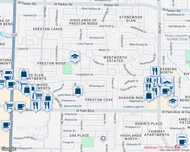 map of restaurants, bars, coffee shops, grocery stores, and more near 4445 Ringgold Lane in Plano