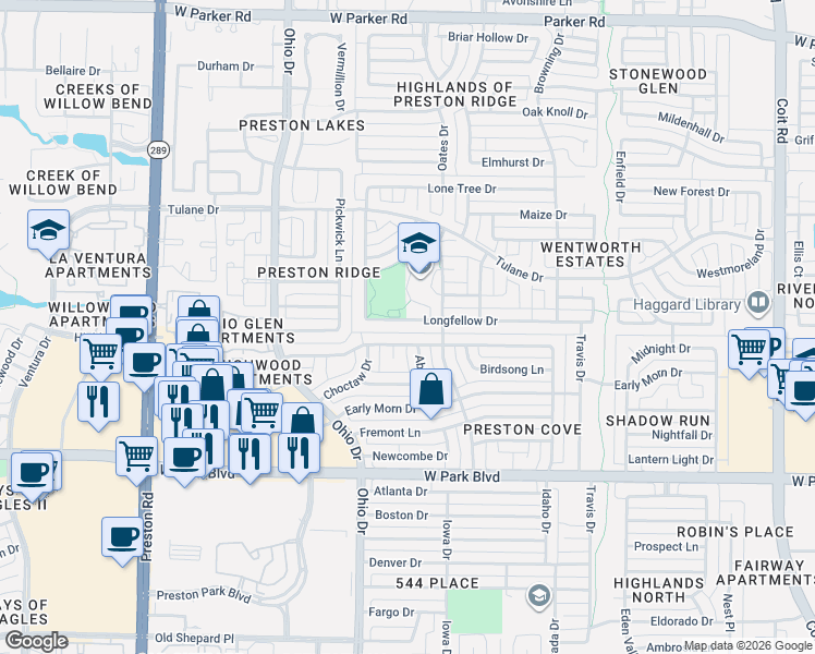 map of restaurants, bars, coffee shops, grocery stores, and more near 4517 Ringgold Lane in Plano