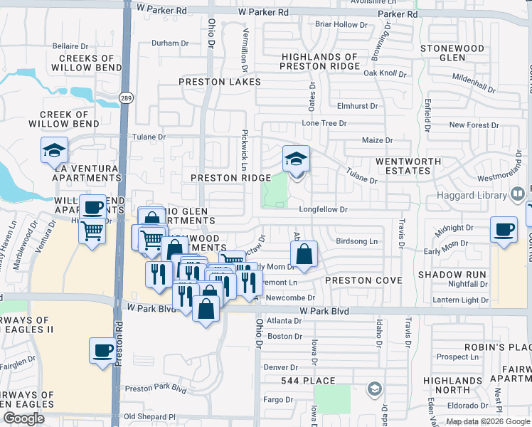 map of restaurants, bars, coffee shops, grocery stores, and more near 4541 Ringgold Lane in Plano