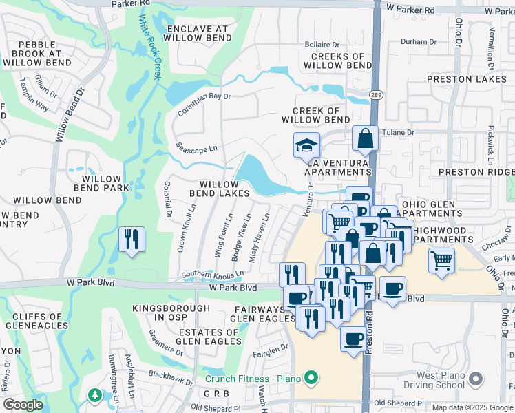 map of restaurants, bars, coffee shops, grocery stores, and more near 2408 Wing Point Lane in Plano