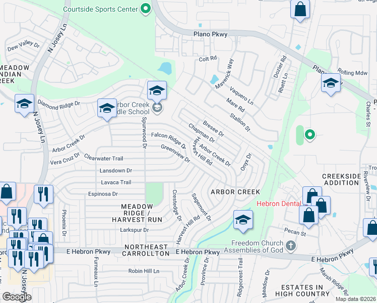 map of restaurants, bars, coffee shops, grocery stores, and more near 2148 Falcon Ridge Drive in Carrollton