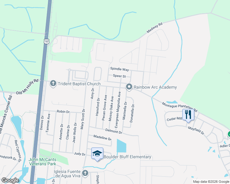 map of restaurants, bars, coffee shops, grocery stores, and more near 152 Evergreen Magnolia Avenue in Goose Creek