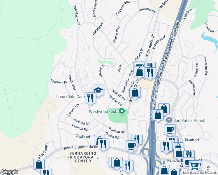 map of restaurants, bars, coffee shops, grocery stores, and more near 17472 Matinal Road in San Diego