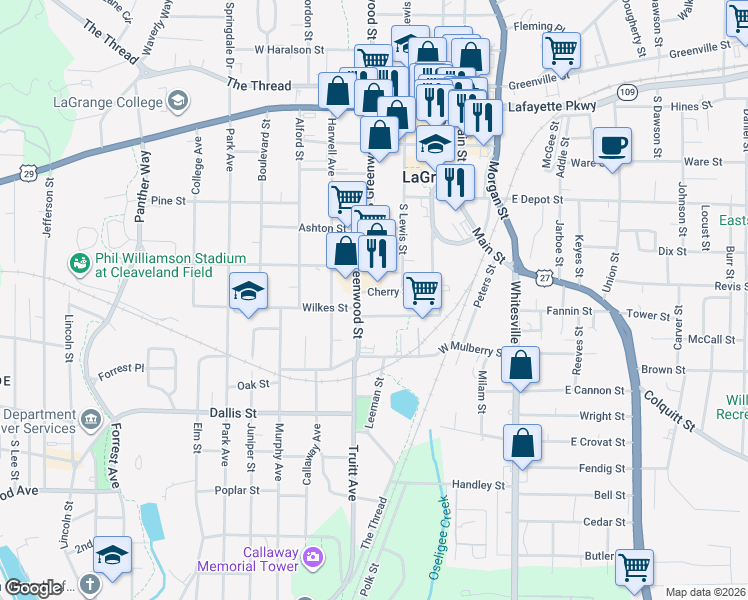 map of restaurants, bars, coffee shops, grocery stores, and more near 220 Peachtree Street in LaGrange