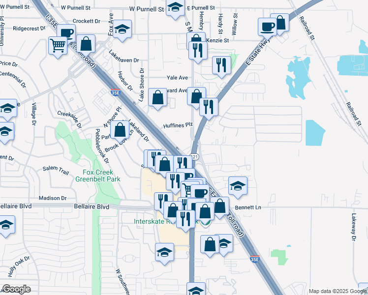 map of restaurants, bars, coffee shops, grocery stores, and more near 1108-1198 South Mill Street in Lewisville