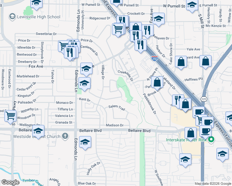 map of restaurants, bars, coffee shops, grocery stores, and more near 839 Bowling Green Drive in Lewisville