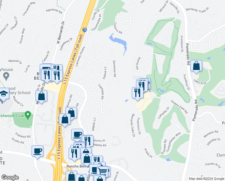 map of restaurants, bars, coffee shops, grocery stores, and more near 17579 Devereux Road in San Diego