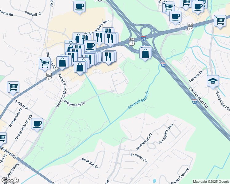 map of restaurants, bars, coffee shops, grocery stores, and more near 325 Marymeade Drive in Summerville