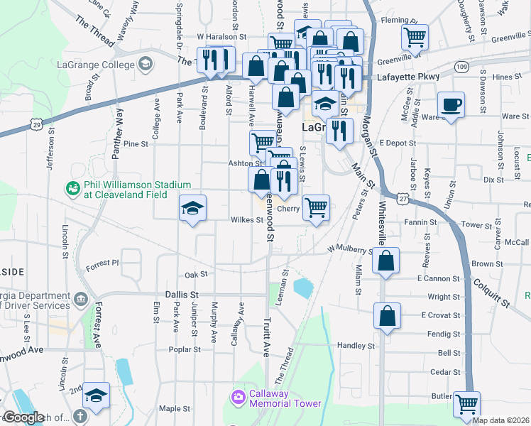 map of restaurants, bars, coffee shops, grocery stores, and more near 601 Harwell Avenue in LaGrange