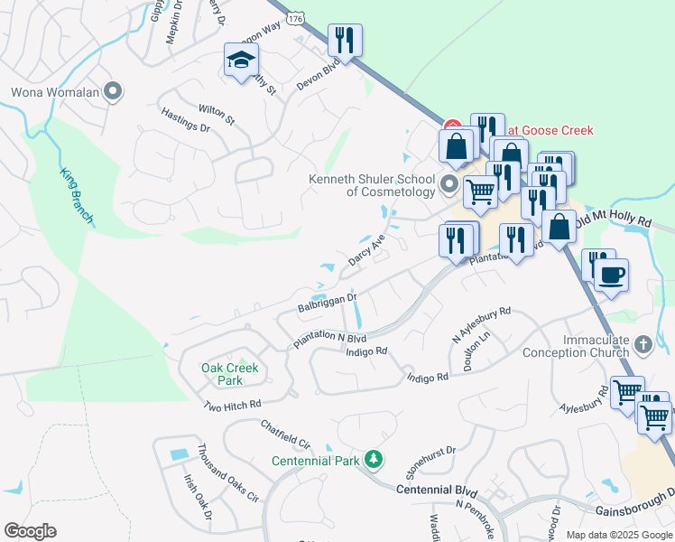 map of restaurants, bars, coffee shops, grocery stores, and more near 146 Darcy Avenue in Goose Creek