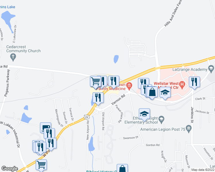 map of restaurants, bars, coffee shops, grocery stores, and more near 1819 Roanoke Road in LaGrange