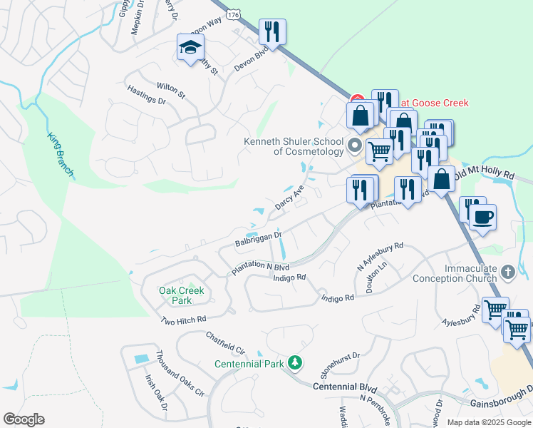map of restaurants, bars, coffee shops, grocery stores, and more near 151 Darcy Avenue in Goose Creek
