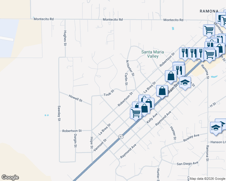 map of restaurants, bars, coffee shops, grocery stores, and more near Toub Street in Ramona