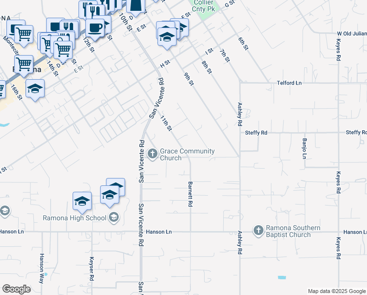 map of restaurants, bars, coffee shops, grocery stores, and more near 1155 11th Street in Ramona