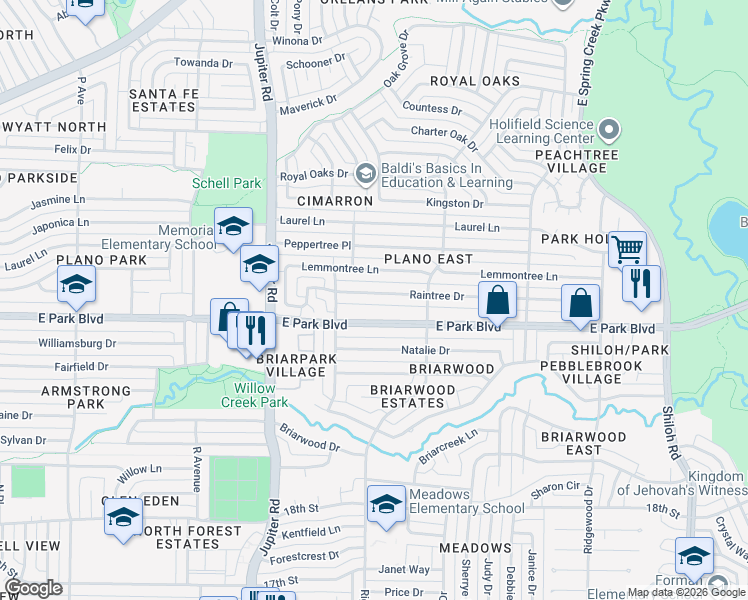 map of restaurants, bars, coffee shops, grocery stores, and more near 2617 East Park Boulevard in Plano