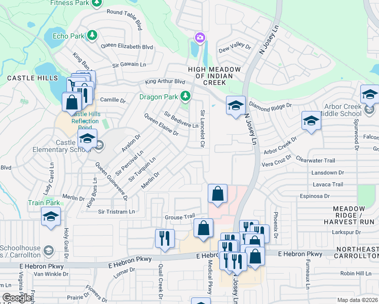 map of restaurants, bars, coffee shops, grocery stores, and more near 2620 Merlin Drive in Lewisville