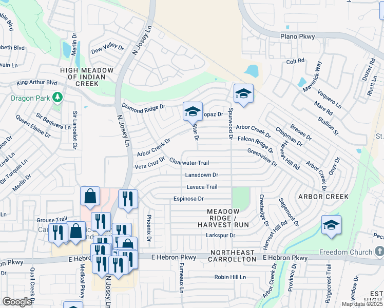 map of restaurants, bars, coffee shops, grocery stores, and more near 2011 Clearwater Trail in Carrollton