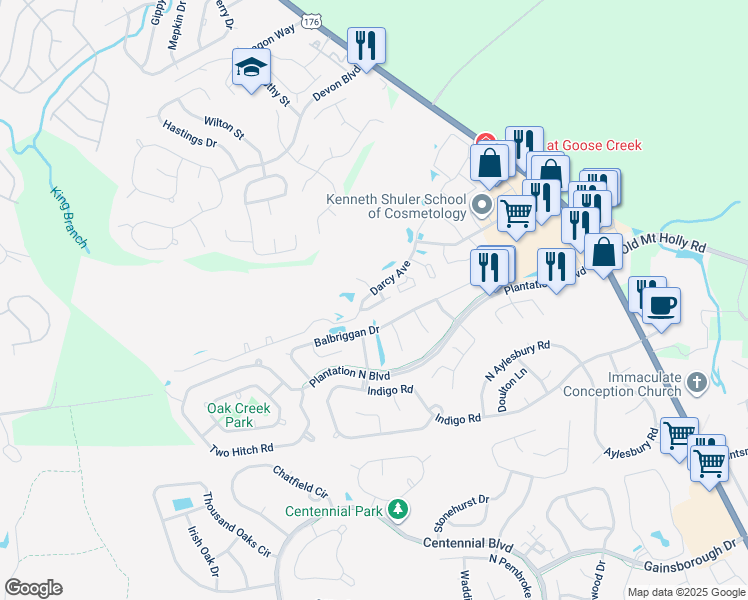 map of restaurants, bars, coffee shops, grocery stores, and more near 125 Greyson Circle in Goose Creek