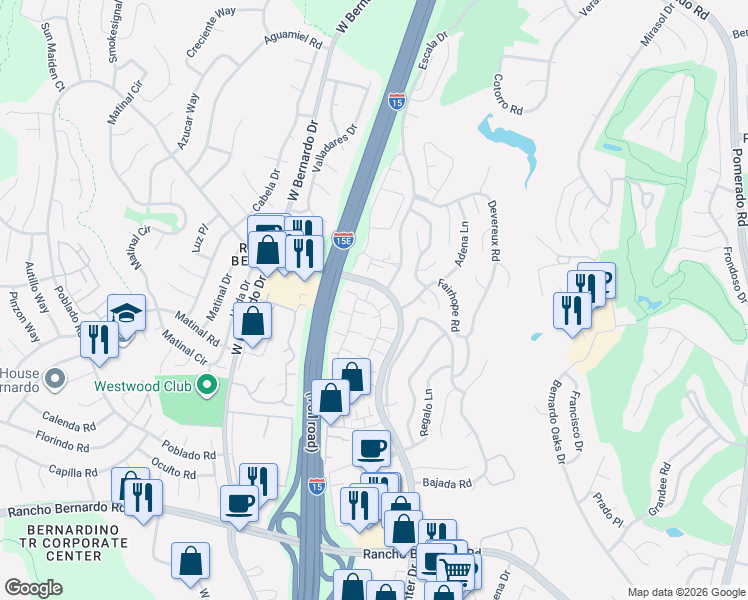 map of restaurants, bars, coffee shops, grocery stores, and more near 17597 Fairlie Road in San Diego