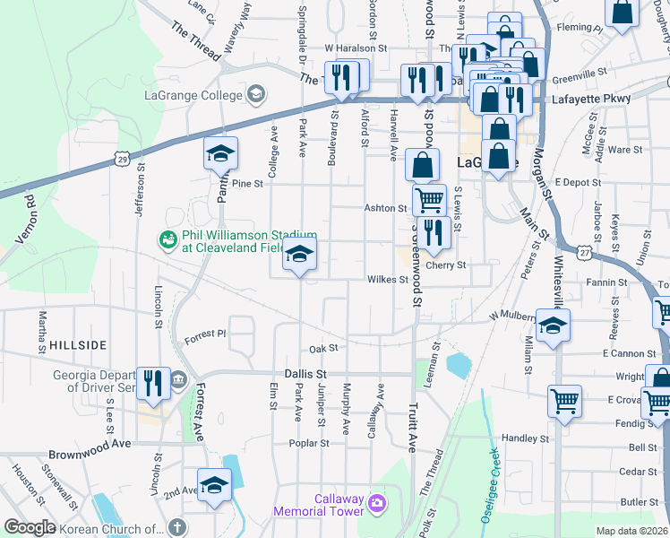 map of restaurants, bars, coffee shops, grocery stores, and more near 517 Boulevard in LaGrange