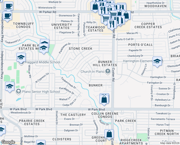 map of restaurants, bars, coffee shops, grocery stores, and more near 2521 Saratoga Drive in Plano