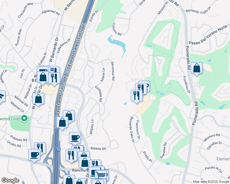 map of restaurants, bars, coffee shops, grocery stores, and more near 17605 Parlange Place in San Diego