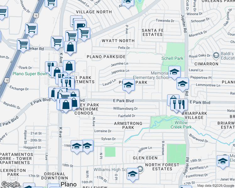 map of restaurants, bars, coffee shops, grocery stores, and more near 1609 East Park Boulevard in Plano