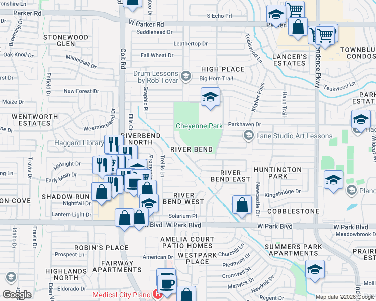 map of restaurants, bars, coffee shops, grocery stores, and more near 3716 Interlaken Drive in Plano