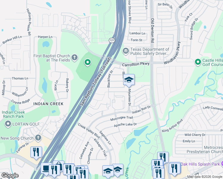 map of restaurants, bars, coffee shops, grocery stores, and more near 1152 Indian Run Drive in Carrollton