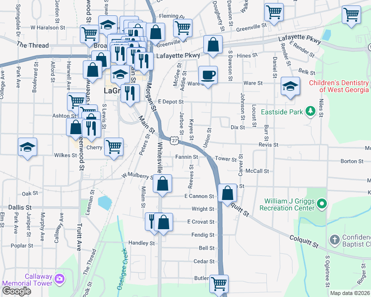 map of restaurants, bars, coffee shops, grocery stores, and more near 209 Fannin Street in LaGrange