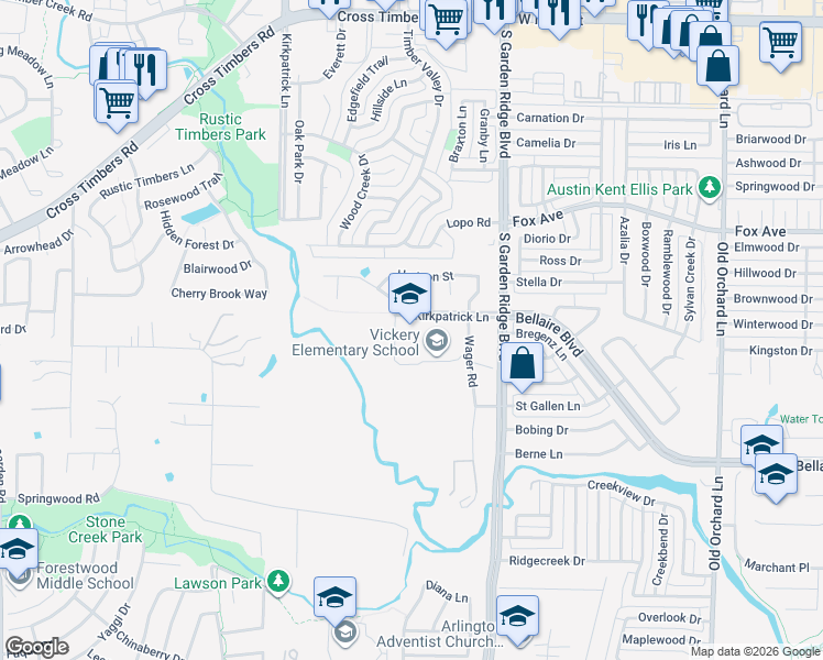map of restaurants, bars, coffee shops, grocery stores, and more near 3301 Wager Road in Flower Mound